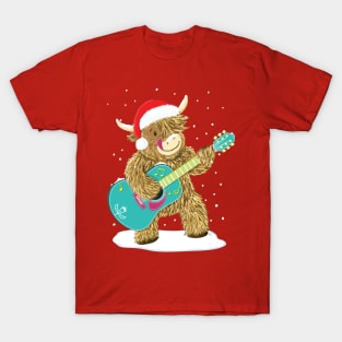 Scottish Highland Cow Plays Guitar In The Christmas Snow T-Shirt